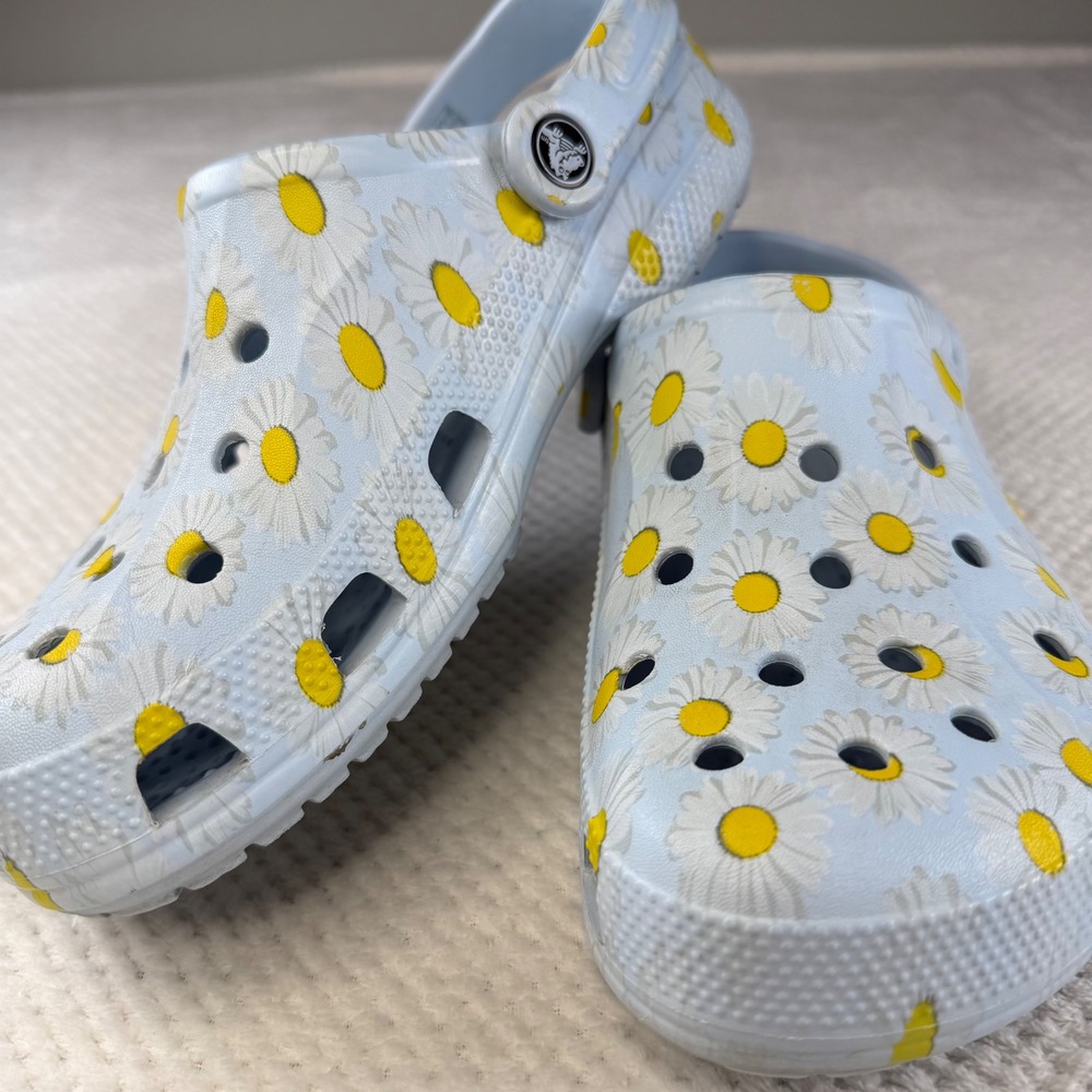 Crocs Classic Daisy Floral Clogs Light Blue Yellow White M7 W9 Slip On Shoes